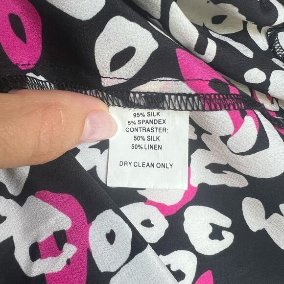 TRINA TURK ABSTRACT FLORAL SILK BLOUSE BLACK PINK WHITE MEDIUM - Picture 5 of 6